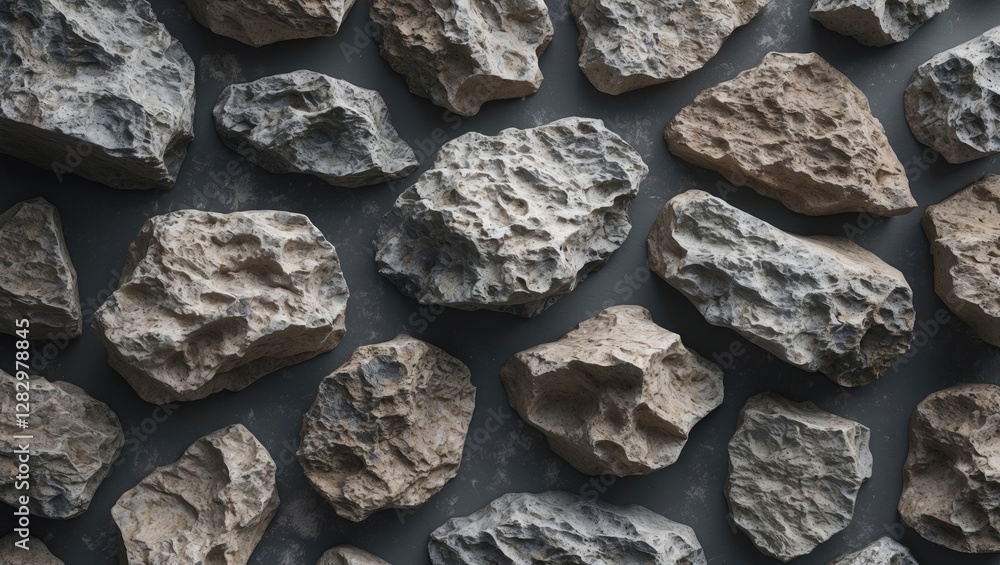 Poster textured surface of various rocks arranged closely together in a natural pattern on a dark backgroun