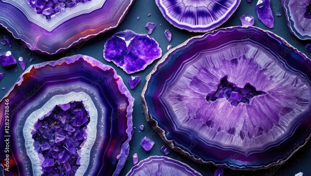Poster colorful slices of amethyst geodes displaying intricate patterns and textures, arranged artistically