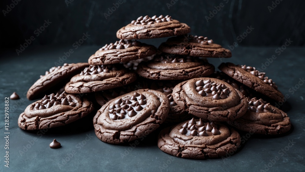 Poster chocolate cookies stacked on a dark backdrop with chocolate chips on top arranged in a visually appe