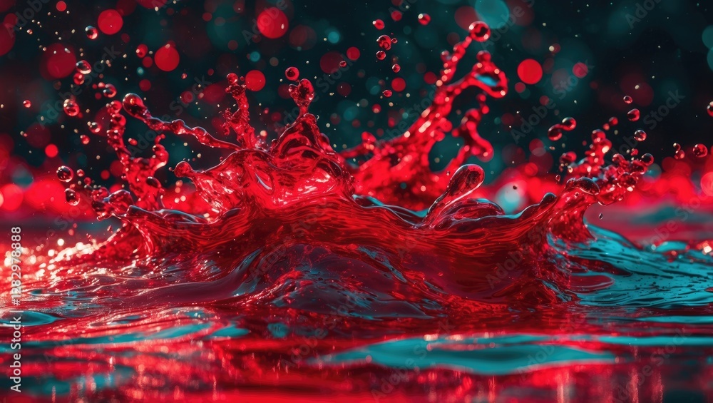 Poster red water splash with droplets and bubbles on a dark background illuminated by colorful reflections 