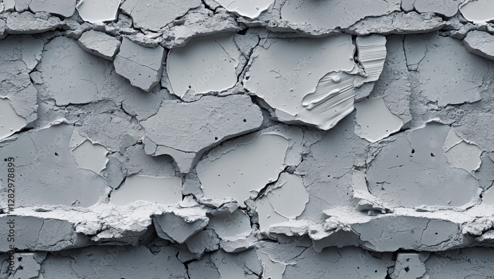 Poster cracked and peeling gray plaster wall texture with irregular patterns and depth variations in surfac