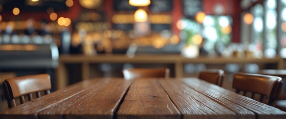 Wooden dining table in a restaurant interior with blurred background featuring chairs and warm lighting in a cozy atmosphere.