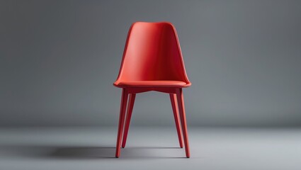 Red plastic chair with wooden legs displayed against a gray background in a minimalist setting