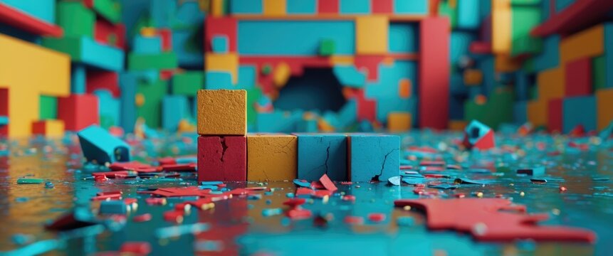 Colorful building blocks in a playful environment with one block distinctively replacing a broken piece among scattered debris.