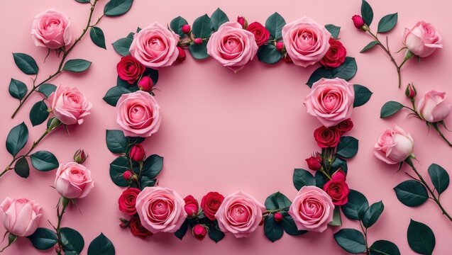 Pink and red roses arranged in a floral frame on a light pink background with green leaves leaves for decorative purposes - Powered by Adobe