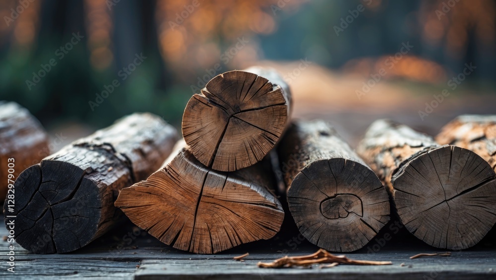 Poster cut tree trunks stacked neatly in a forest setting with soft focus background featuring autumn color