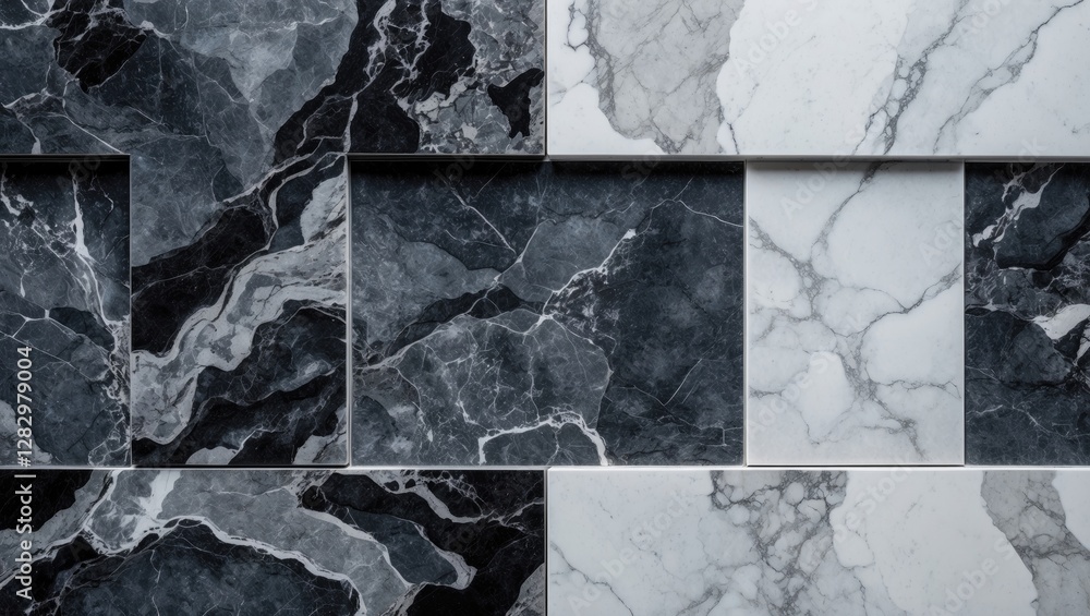 Poster black and white marble texture background with various rectangular marble tiles arranged in a geomet
