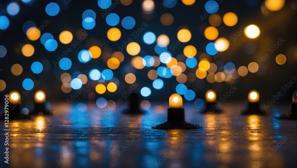 Poster bokeh background with warm and cool colored lights and focused candles on a wooden surface in a deco