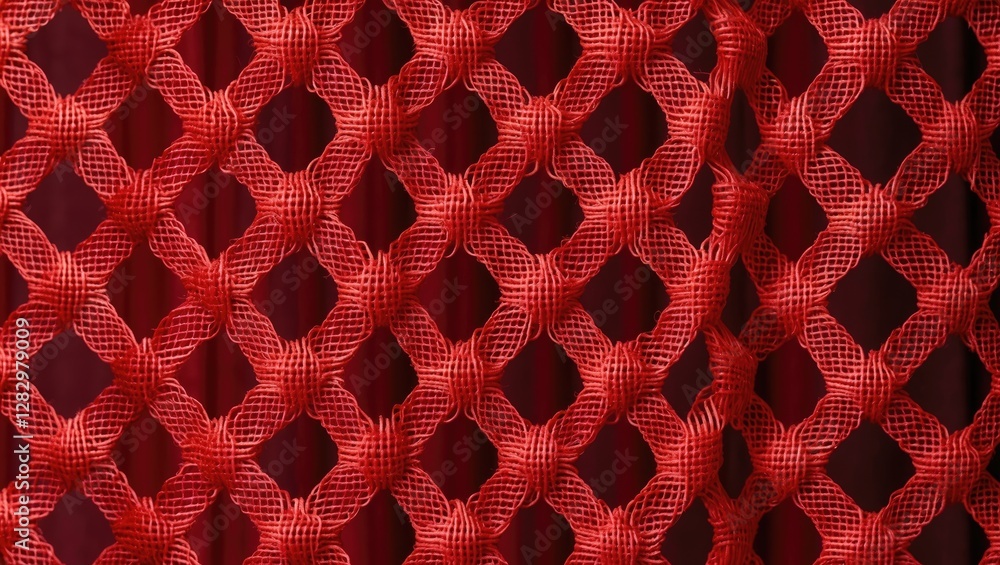 Poster red textured mesh fabric with a diamond pattern close up for textile and design backgrounds.
