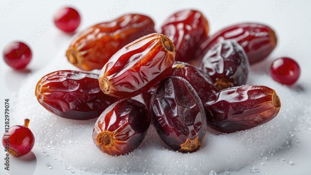 Poster fresh dates and red berries on a light background with sugar crystals for a vibrant and appetizing c
