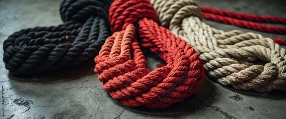 Poster multi-colored ropes in a tangled arrangement on a dark concrete surface with visible textures and sh