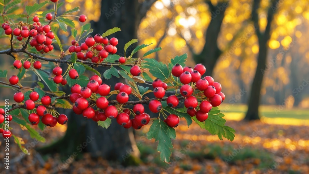 Poster red berries on a branch in autumn park with blurred trees and colorful leaves in background during s