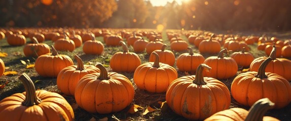 Pumpkin patch with numerous ripe orange pumpkins scattered in a field during golden hour sunlight with soft bokeh effects in background