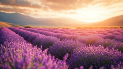 Fototapeta premium Lavender field under a vibrant sunset sky.