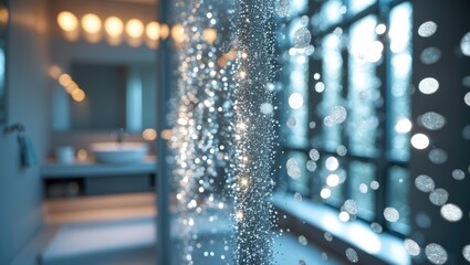 Bathroom interior with blurred water droplets and sparkling reflections on glass partition natural lighting and modern design elements