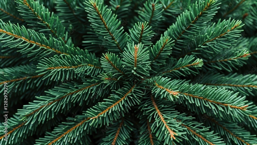 Poster close-up view of evergreen tree branches with vibrant green needles and subtle brown twigs arranged 