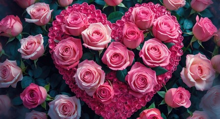Fototapeta premium Pink roses arranged in heart shape surrounded by greenery with decorative elements creating a romantic floral composition.