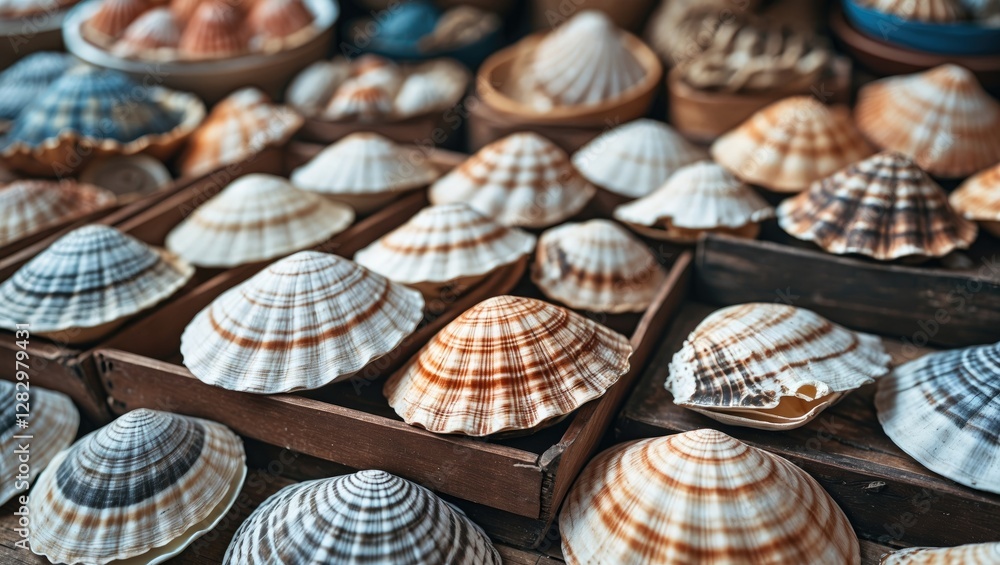 Poster assorted sea shells displayed in wooden trays with various patterns and colors arranged in a market 