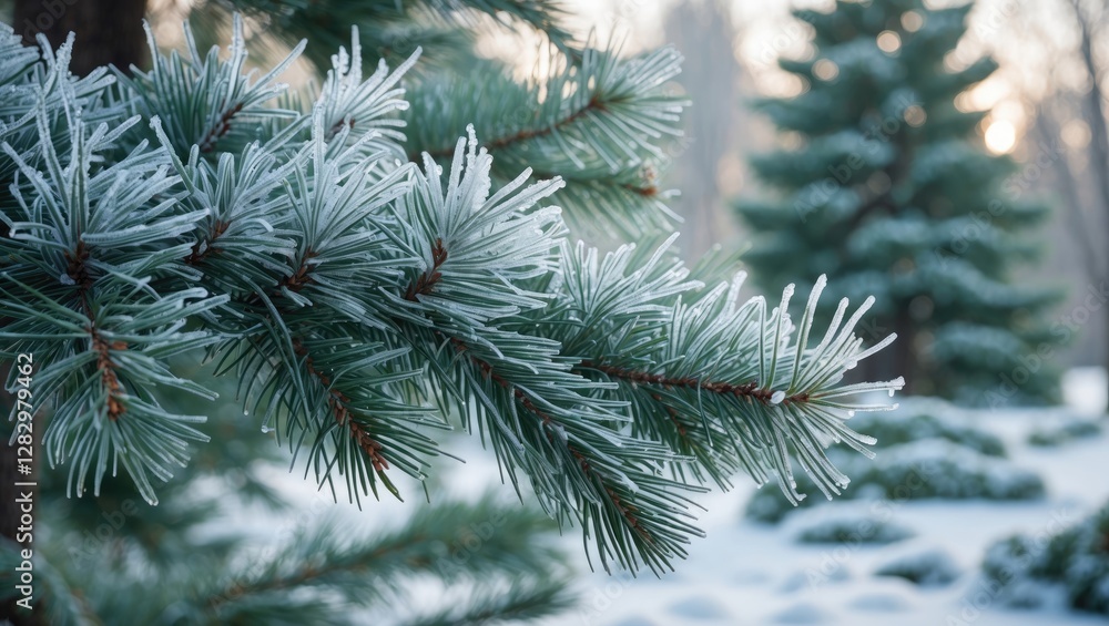 Poster frost covered pine tree branches in winter landscape with blurred evergreen trees in background and 