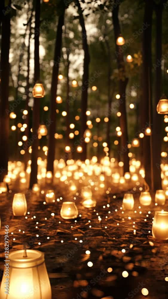 Poster magical evening forest illuminated by countless glowing lanterns surrounded by trees