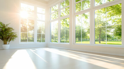 Fototapeta premium Sunlit modern home interior with large windows overlooking a lush green park; ideal for real estate or home design marketing