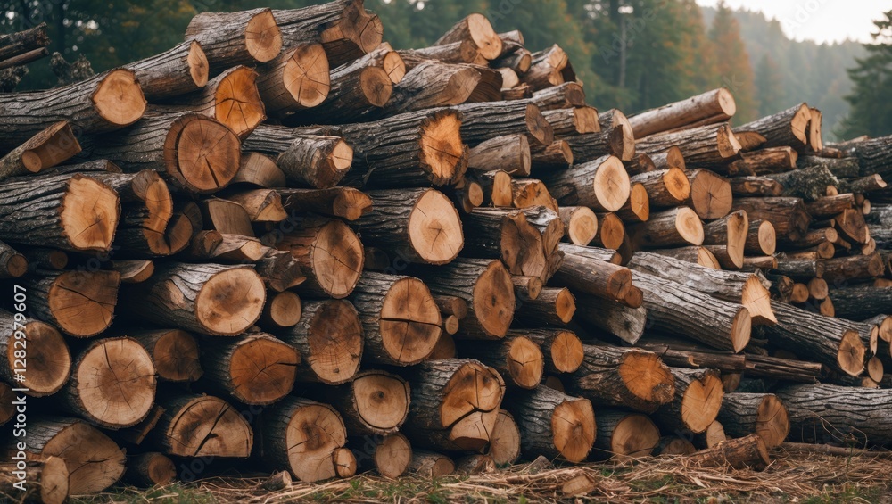 Poster stacked logs in a forest clearing displaying different tree species and cut surfaces surrounded by t