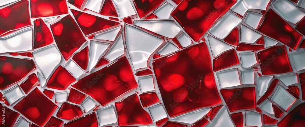 Poster red and clear shattered glass mosaic pattern background with irregular shapes and reflections.