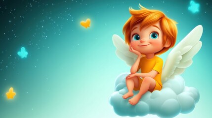 Adorable cherubic angel child sits on a fluffy cloud, surrounded by glowing stars and butterflies. A dreamy, whimsical illustration.