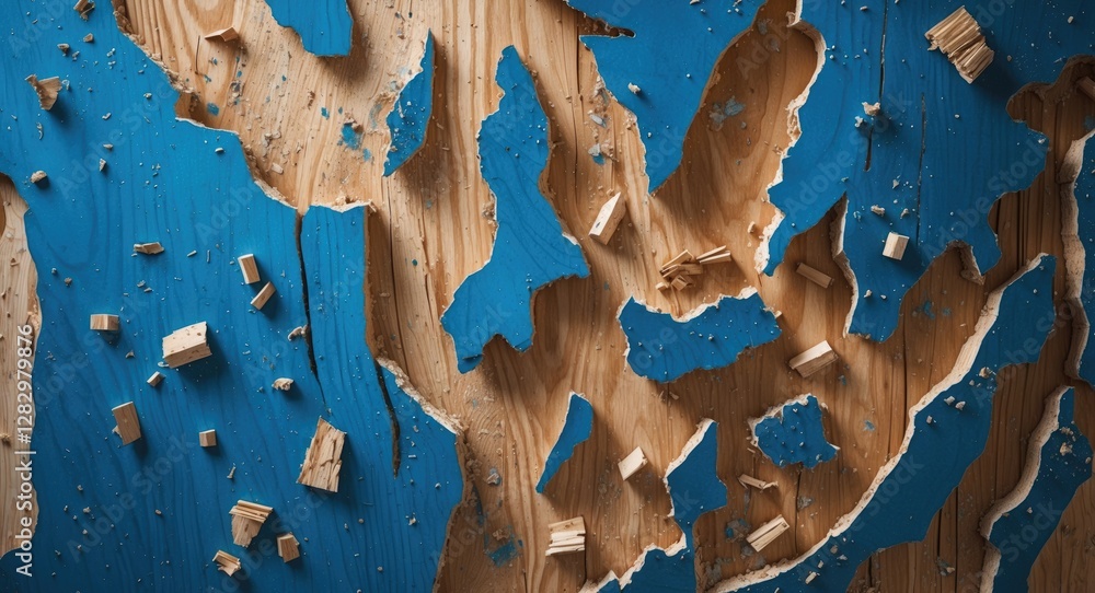 Poster wood surface with blue paint and shavings showing texture details and abstract patterns in a creativ