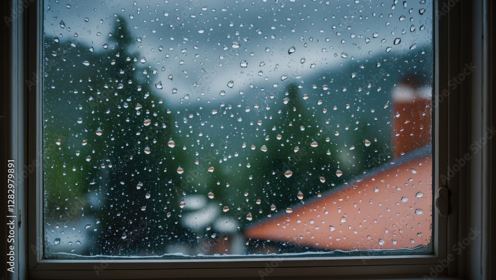 Poster raindrops on a windowpane with blurred views of trees and rooftops in a cloudy atmosphere during a r