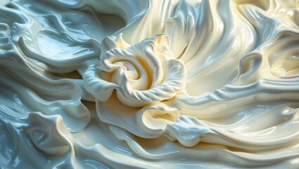 Creamy swirls of thick whipped cream forming a delicate rose shape atop a smooth background with soft lighting