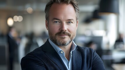 Fototapeta premium Close up portrait of a confident and authoritative business leader crossing his arms with a blurred office environment in the background The portrait captures a formal
