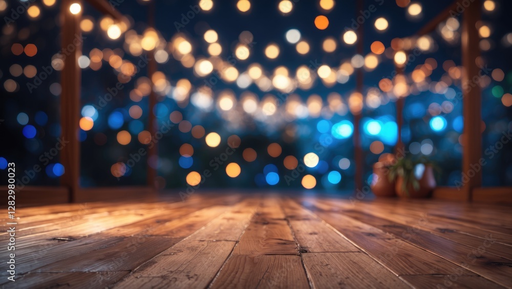Poster wooden floor surface with bokeh lights in background creating festive atmosphere during evening or n