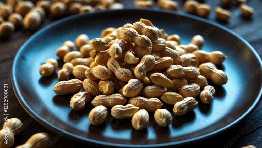 Poster plate filled with unshelled peanuts resting on a wooden surface with scattered peanuts in the backgr