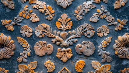 ornate floral relief design carved on stone wall with intricate details and aged appearance