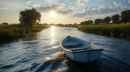 Obraz premium Sunset River Boat Calm Landscape