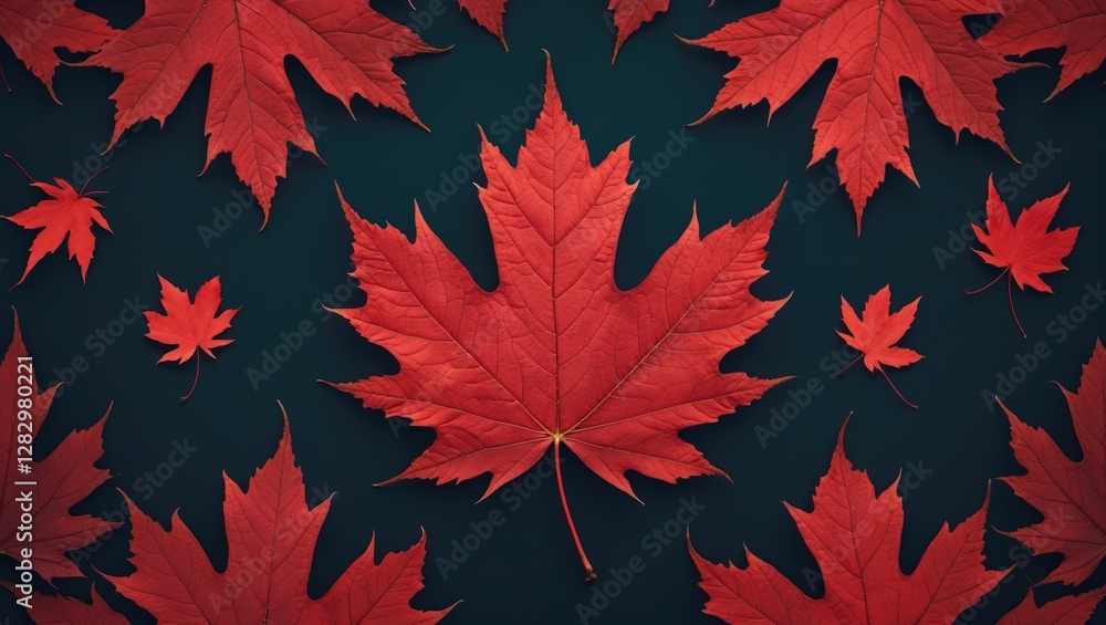 Poster red maple leaves arranged aesthetically on a dark background creating a visually striking natural pa
