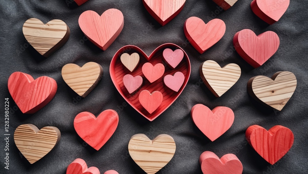 Poster Assorted wooden heart shapes in various sizes and colors arranged on a dark background with a central heart-shaped container.