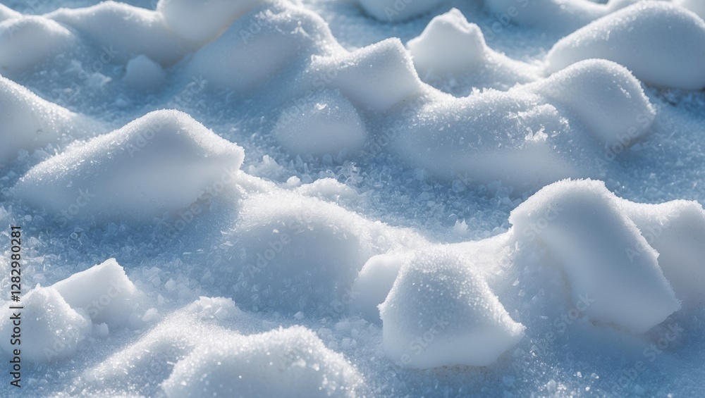 Poster snow texture close-up with soft undulating mounds and glittering crystals under sunlight creating a 
