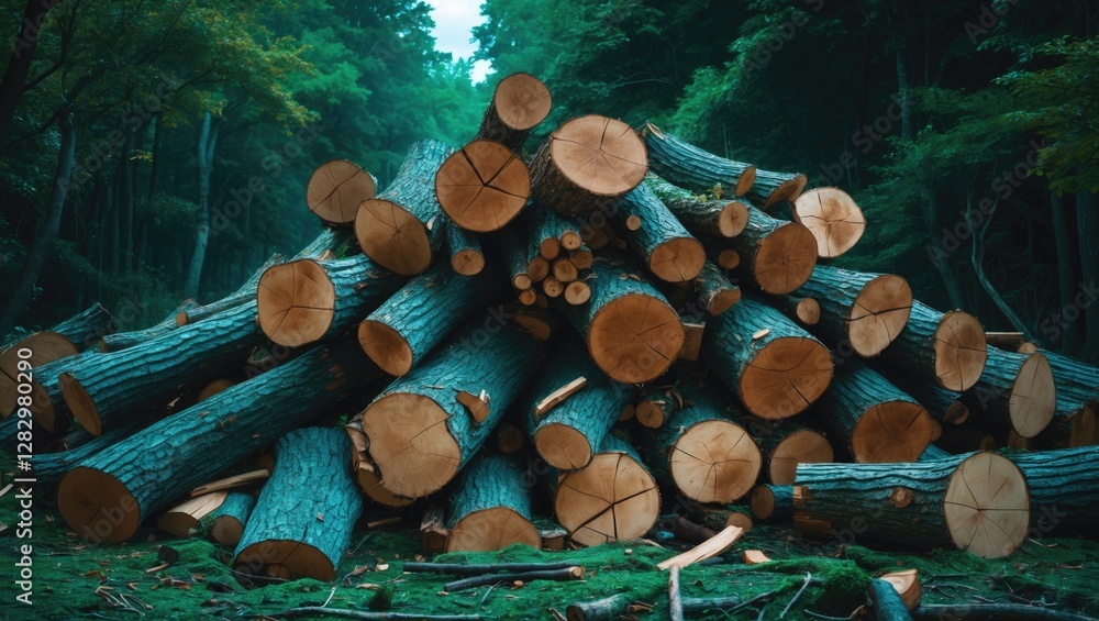 Poster stacked logs in a forest setting with cut surfaces visible in a natural environment with green folia