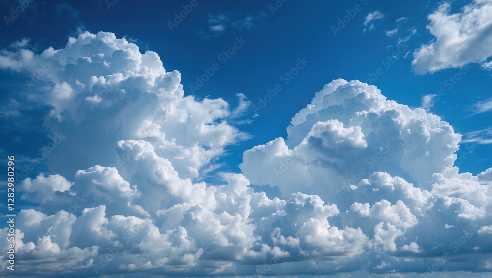 Poster cumulus clouds scattered across a bright blue sky with some wispy clouds creating a serene atmospher