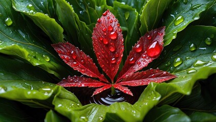 Close-up of a vibrant red leaf surrounded by green leaves with water droplets and reflections on a wet surface.
