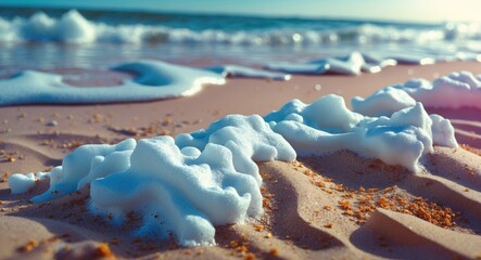 Bubble foam on sandy beach with gentle waves and ocean in background under bright sunlight.
