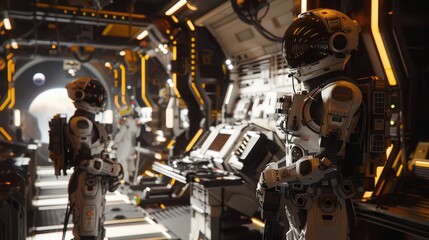 Fototapeta premium Astronauts inside a Mars base, interacting with advanced robotic assistants