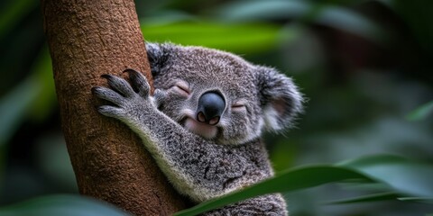 Obraz premium Australian koala hugging tree branch while sleeping peacefully