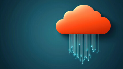 A stylized orange cloud icon with digital rain cascading down, symbolizing cloud computing and data transfer.