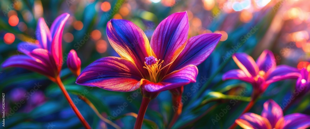 Poster vibrant macro shot of ochna integerrima flower showcasing vivid colors in a natural setting with blu
