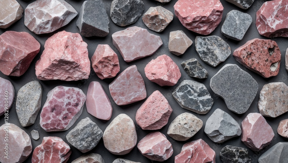 Poster variety of colorful natural stones arranged on a surface displaying textures and patterns in a close