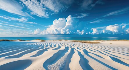 White sand dunes under a blue sky with fluffy clouds over a calm sea on a sunny day