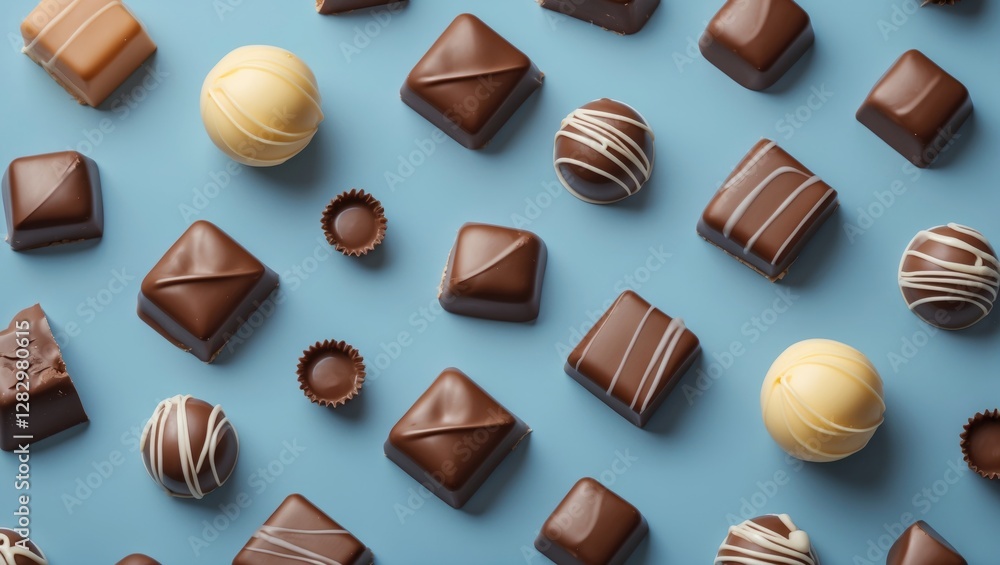 Poster assorted chocolate candies on a blue background flat lay composition with varied shapes and textures